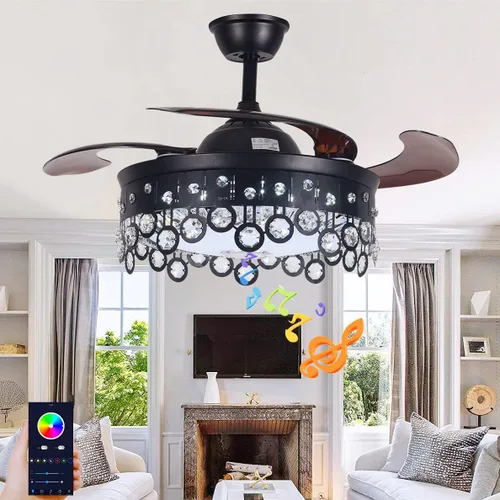 Vista 10 de Ventilador de techo reversible de 42 pulgadas con luces altavoz Bluetooth, lámpara inteligente de cristal regulable de 7 colores con control remoto