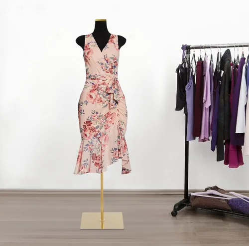 Vista 2 de Forma de vestido de maniquí femenino con base de metal dorado, formas de vestido de moda para mujer, tela de gamuza, modelo de maniquí femenino