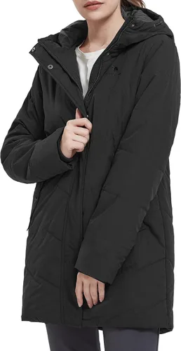 Vista 3 de CAMEL CROWN Chaqueta de invierno para mujer, con capucha, cálida, acolchada, acolchada, larga, de algodón, parka, Camello