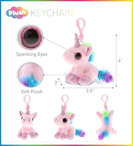 Vista 2 de DolliBu Llavero de peluche de unicornio rosa con clip – Dije de mochila de animal de peluche de unicornio pequeño, lindo juguete de llavero