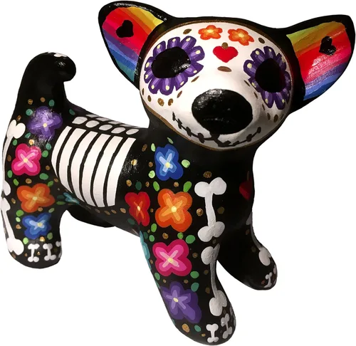 Vista 5 de Dia de Muertos. Perro de Catrina. Artesanía Mexicana. Monumento a las mascotas, recuerdo. Figura de cerámica para la decoración del Día de Muertos