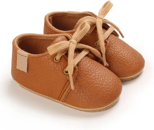 Vista 6 de Zapatos de piel sintética para bebés, niños y niñas, suela de goma suave, con cordones, zapatos Oxford para cuna para niños pequeños que caminan