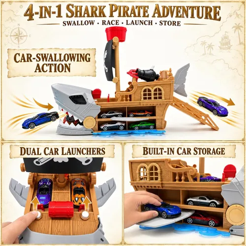 Vista 3 de Juguete de barco pirata de tiburón, juego de transporte de autos para niños