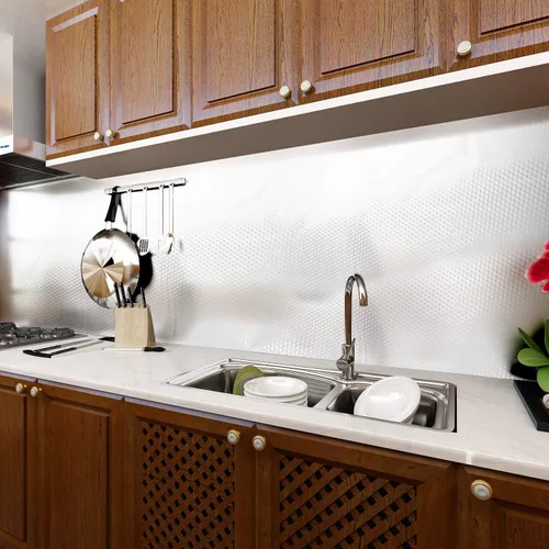 Vista 3 de Adhesivo de Papel de Aluminio Impermeable y Resistente al Aceite para Cocina, Papel Tapiz de Cuadros Despegable y Adhesivo, Papel Removible