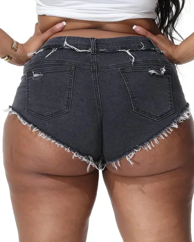 Vista 2 de ALLEGRACE Pantalones cortos de mezclilla de talla grande sexy para mujer, pantalones cortos de cintura alta desgastados con bolsillos