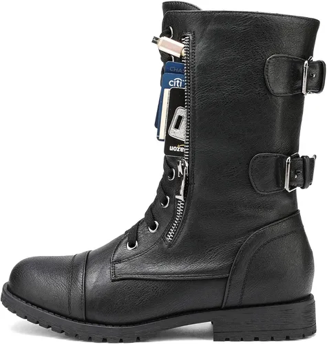 Vista 3 de DREAM PAIRS - Borceguí estilo militar para mujer con cordones, a media pantorrilla, para invierno