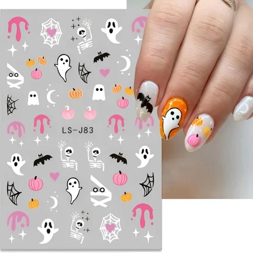 Vista 3 de 6 hojas de calcomanías de arte de uñas de Halloween, lindas calcomanías de fantasma, 3D, autoadhesivas, telaraña, murciélago, calabaza, decoración