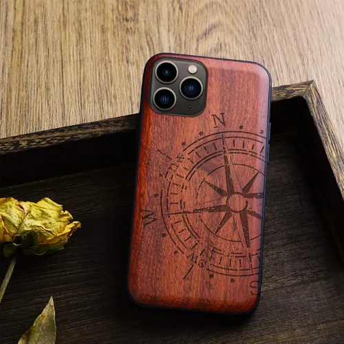 Vista 4 de Carveit Funda de madera para iPhone 11 Pro Max [madera real dura y TPU suave negro] a prueba de golpes, protector de teléfono de madera único