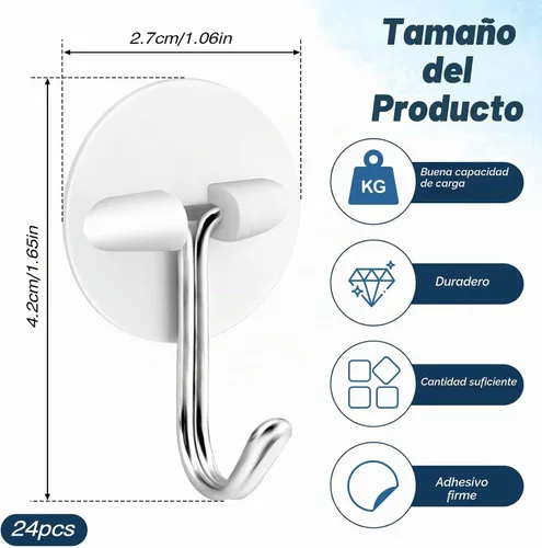 Vista 2 de 24 ganchos redondos de plástico, pequeños ganchos autoadhesivos para colgar, blanco, impermeable y a prueba de aceite para utensilios de cocina