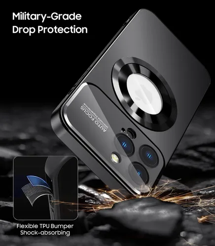 Vista 6 de MAKAVO Funda magnética para iPhone 15 Pro Max, compatible con MagSafe, protector de lente de cámara integrado, vista de logotipo, cubierta de Negro