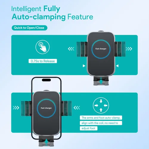 Vista 2 de Cargador inalámbrico para automóvil, soporte de carga de 15W con sujeción automática, soporte de ventilación para carga de automóvil para iPhone 15