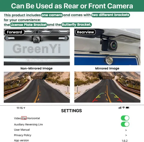 Vista 3 de Cámara de respaldo WiFi para auto, GreenYi 5G 720P HD para matrícula trasera/vista frontal reversa para iPhone iPad Android teléfonos inteligentes