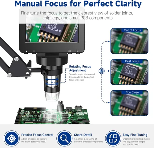 Vista 6 de 4.3 Inch Digital Soldering Microscope with C-Clamp For PCB repair and soldering checks; compact clamp setup keeps both hands free, and the screen