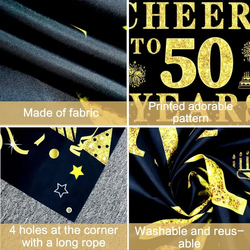 Vista 3 de Trgowaul Decoraciones de cumpleaños número 50/aniversario/boda para mujeres y hombres, pancarta de felicitación a los 50 años, fondo negro y dorado
