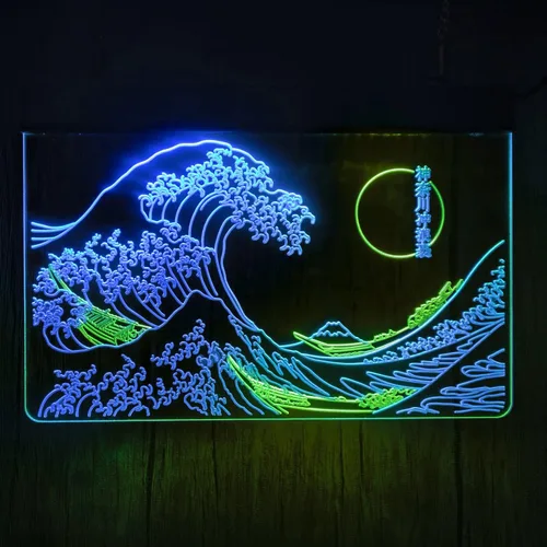 Vista 7 de Letrero de neón LED The Great Wave Off Kanagawa, letrero japonés de Katsushika Hokusai clásico, arte de pared para habitación, letreros de luz