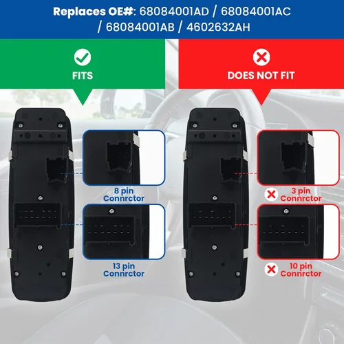Vista 4 de Interruptor de ventana Master Power compatible con Dodge Journey 2011-2016, controlador lateral del conductor de 8+13 pines, carcasa ABS/PP