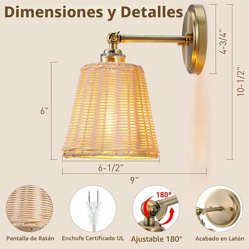 Vista 6 de Aplique de pared de ratán enchufable, pantalla de mimbre tejida a mano, juego de dos apliques de pared, lámpara de pared interior, juego de apliques