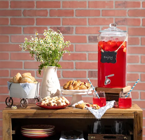 Vista 2 de Dispensador de bebidas de 2 galones con espita de acero inoxidable + marcador y pizarra, dispensador de bebidas de vidrio 100% a prueba de fugas