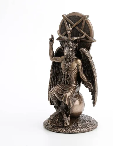 Vista 3 de Veronese Design Baphomet de 8 1/2 pulgadas sentado en el globo caído Wiccan Estatua de resina acabado de bronce