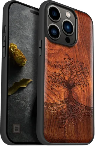 Vista 10 de Carveit Funda magnética de madera para iPhone 14 Pro, madera natural y TPU suave negro, funda protectora a prueba de golpes, funda de madera única