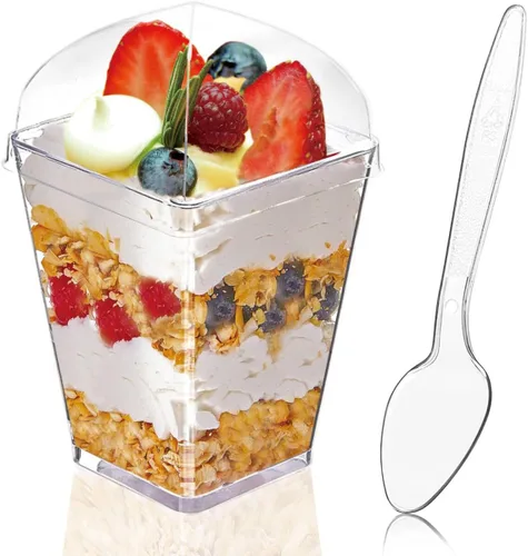 Vista 8 de Hiasobre Paquete de 100 vasos de postre de plástico transparente de 5 onzas con tapas y cucharas, tazas cuadradas reutilizables para aperitivos