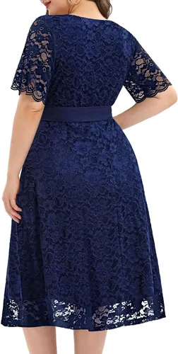 Vista 2 de Vestido midi de manga corta con encaje para mujer, talla grande, para despedida de soltera, invitada de boda, cóctel, semiformal, cuello en V