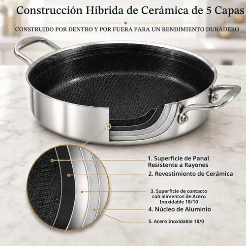 Vista 3 de DELARLO Sartén de tres capas de acero inoxidable de 10 pulgadas Sartén de freír profunda de 3QT con tapa Sartén de saltear con tapa Compatible