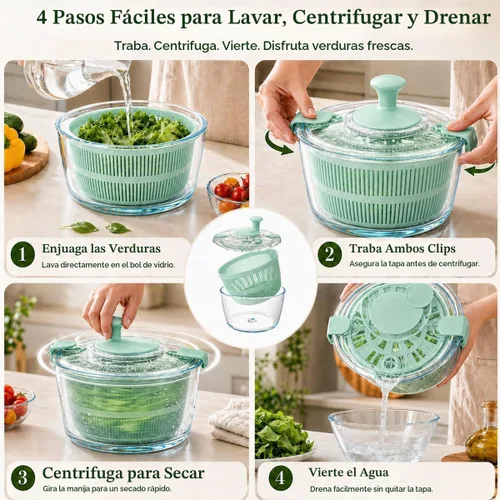 Vista 4 de Ensalada de vidrio grande de 5.2 cuartos de galón con tapa de Verde