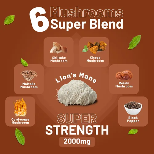 Vista 3 de Complejo avanzado de hongos de 2000 mg Una súper mezcla de 6 hongos con melena de león, chaga, cordyceps, shiitake, reishi y maitake con pimienta