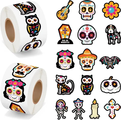 Vista 44 de BeYumi Calcomanías en rollo de calavera de azúcar, 1000 unidades, calcomanías del Día de los Muertos en 2 rollos Dia de Los Muertos Calavera