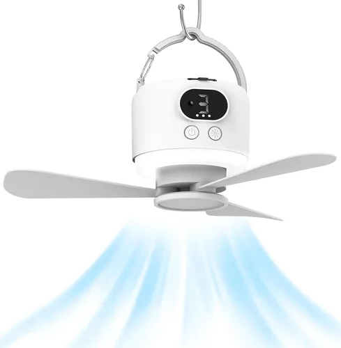 Vista 10 de Ventilador de techo inalámbrico portátil con control remoto, diseño de 3 aspas, batería de 10040 mAh operado por pilas, ventilador colgante