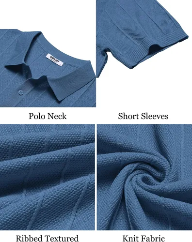 Vista 96 de COOFANDY Camisas polo de punto para hombre de manga corta con textura acanalada Camisas de golf casuales y ligeras con cuello Camiseta de polo