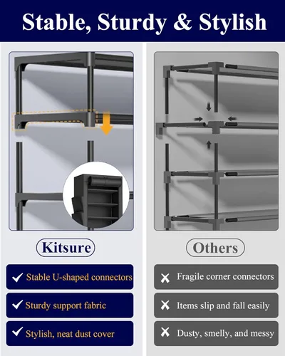 Vista 6 de Kitsure Zapatero – Estante organizador de zapatos de gran capacidad de 10 niveles con cubierta antipolvo y bolsillos laterales, zapatero de metal a