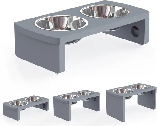 Vista 15 de Cuencos elevados para perros, cuenco elevado de bambú para perros y gatos pequeños, con 2 cuencos de acero inoxidable