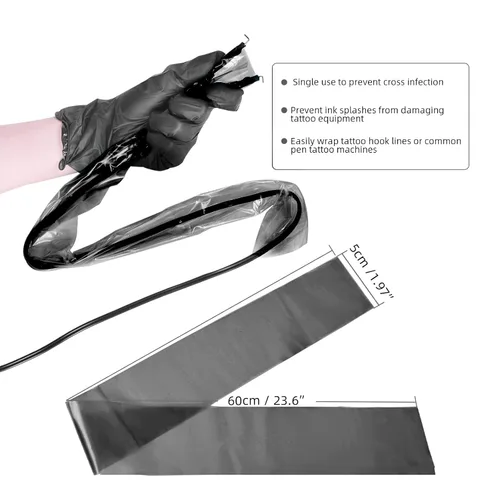 Vista 3 de ATOMUS 100 fundas de cordón con clip de tatuaje con 2 piezas de vendaje autoadhesivo, bolsas de plástico desechables, bolsa para bolígrafo