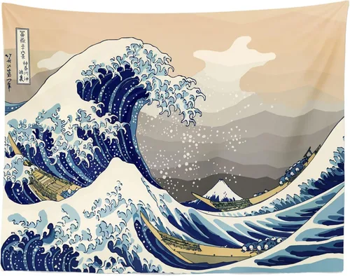 Vista 4 de CORFOTO Tapiz retro de 60 x 40 pulgadas, prefectura japonesa de Kanagawa, tapiz de ondas japonesas antiguas, tapices de estilo japonés