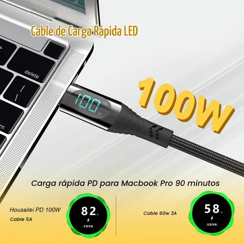 Vista 2 de Cable USB-C de 100 W [2 unidades, 4 pies/6.6 pies], carga súper rápida tipo C con pantalla LED, cable de carga USB C de 480 Mbps de nailon trenzado