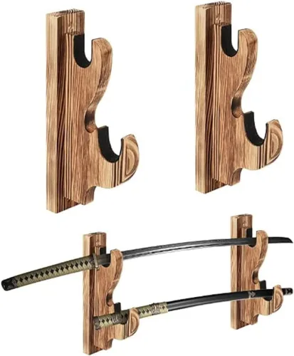 Vista 5 de Soporte de pared para espada, 1 par de soporte de espada de gancho, gancho de espada, madera maciza de dos capas montado en la pared, soporte