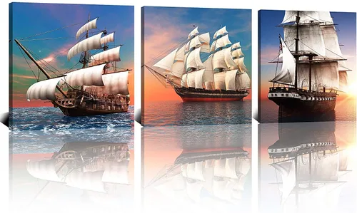 Vista 17 de Arte de pared costero de playa, arte en lienzo de barco azul, imágenes de gaviota, paisaje marino, impresiones de pintura de paisajes marinos, obras