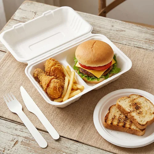 Vista 4 de Elsjoy Paquete de 90 recipientes para llevar con 2 compartimentos, contenedores de alimentos compostables con bisagras de 9 x 6 pulgadas, cajas