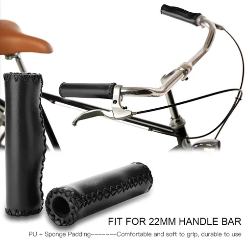 Vista 3 de Puños de bicicleta marrones de cuero marrón para bicicleta, esponja de PU, 1 par cosido a mano Pu bicicleta manillar manillar agarres con enchufe