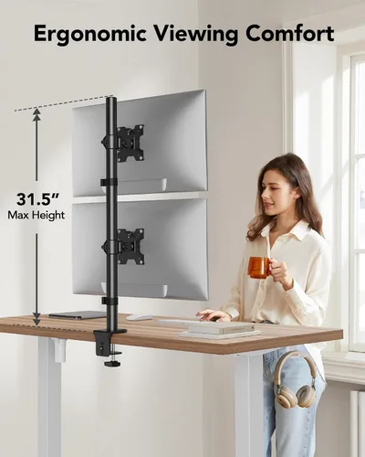 Vista 5 de HUANUO Soporte vertical para monitor doble, soporte de monitor apilado para 2 monitores con ajuste de altura, brazo de monitor de computadora