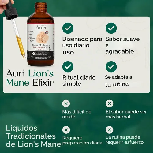 Vista 6 de Auri Elixir líquido de melena de león - Suplementos cerebrales para la memoria y la concentración con hongos funcionales - Suplemento de melena