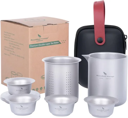 Vista 10 de iBasingo Juego de tetera de titanio de 13.5 fl oz con cubierta de filtro, tetera de doble capa para acampar al aire libre, picnic, senderismo