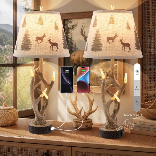 Vista 9 de Dungoo Juego de 2 lámparas de mesa rústicas de ciervo occidental con luz nocturna, lámparas de noche rústicas de 26 pulgadas para dormitorio con 2