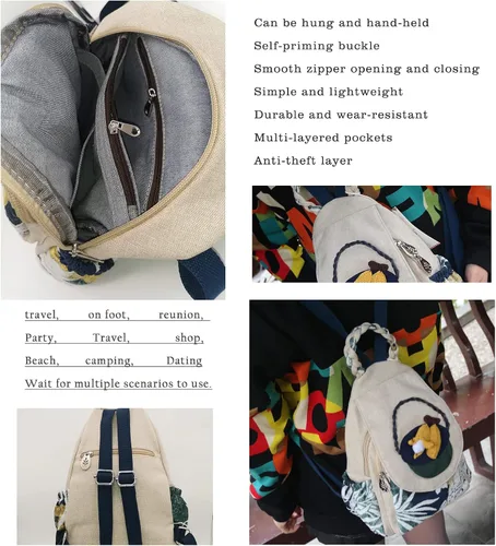 Vista 12 de HUANGGUOSHU Mochila de algodón tejida de algodón bohemio con bordado de lona estilo bohemio con múltiples bolsillos retro linda mochila cartera
