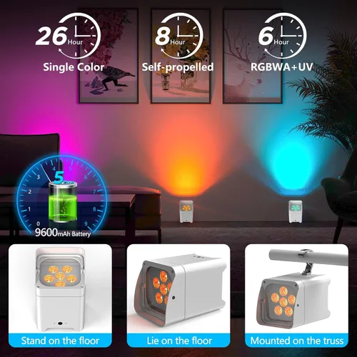 Vista 5 de HOLDLAMP - Luces de escenario alimentadas por batería, 9600mAh recargables Par Can con 6x18W RGBWA+UV APP/Control remoto/DMX512/Activadas por