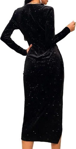 Vista 2 de Lyaner vestido midi de terciopelo con cuello en V profundo y dobladillo dividido para mujer