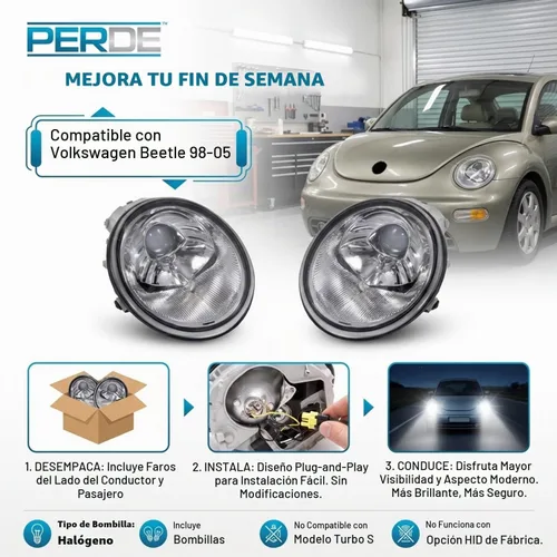 Vista 4 de PERDE set de luces delanteras cromadas, halógenas con cristales de rendimiento, para 1998-2005 Volkswagen Beetle.
