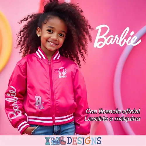 Vista 4 de Barbie Chaqueta bomber para niñas, chaqueta universitaria con cremallera y ropa de abrigo para niña
